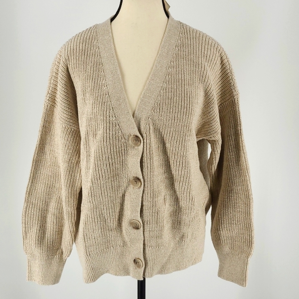 Beige V-Neck Button-Front Women's Sweater Cardigan